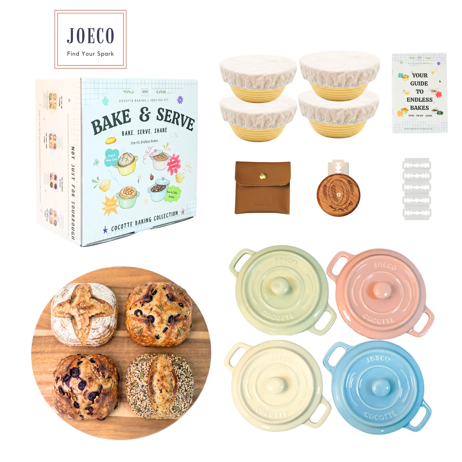 Mini Loaf Baking & Serving Set with 4 Ceramic Dutch Ovens, Wooden Serving Tray & UFO Bread Lame | Artisan Bread Baking Kit for Mini Loaves, Soup Bowls & Cozy Gatherings