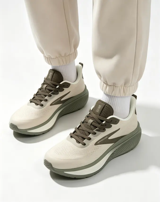 Cream Khaki Outdoor Jogging Shoes, Fine Perforated Mesh Upper, Stable Arch Support Footwear for City Commuting & Light Cross-Terrain Training