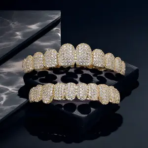 Hip Hop Cubic Zirconia Teeth Grills Set - 2pcs Set for Men & Women - 20 Teeth Temporary Veneer - Stainless Steel - Dental Use - Cosplay Jewelry