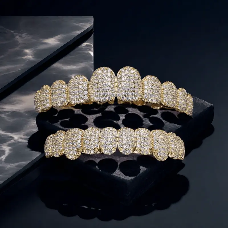 Hip Hop Cubic Zirconia Teeth Grills Set - 2pcs Set for Men & Women - 20 Teeth Temporary Veneer - Stainless Steel - Dental Use - Cosplay Jewelry