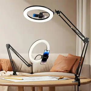 USB Powered Tri Color Ring Clip Phone Stand Light, Selfie Ring Light with Folding Arm, Adjustable Tripod Photography Ring Light Suitable for Live Streaming, Makeup, Cooking, Photography, LED Selfie Light, Smartphone Camera Accessories