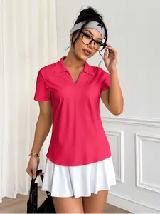 Women's Casual Polo Style V Neck Shirt, Soft and Stretchy Short Sleeve Top, Perfect for Daily Wear, Fitted Plain Design