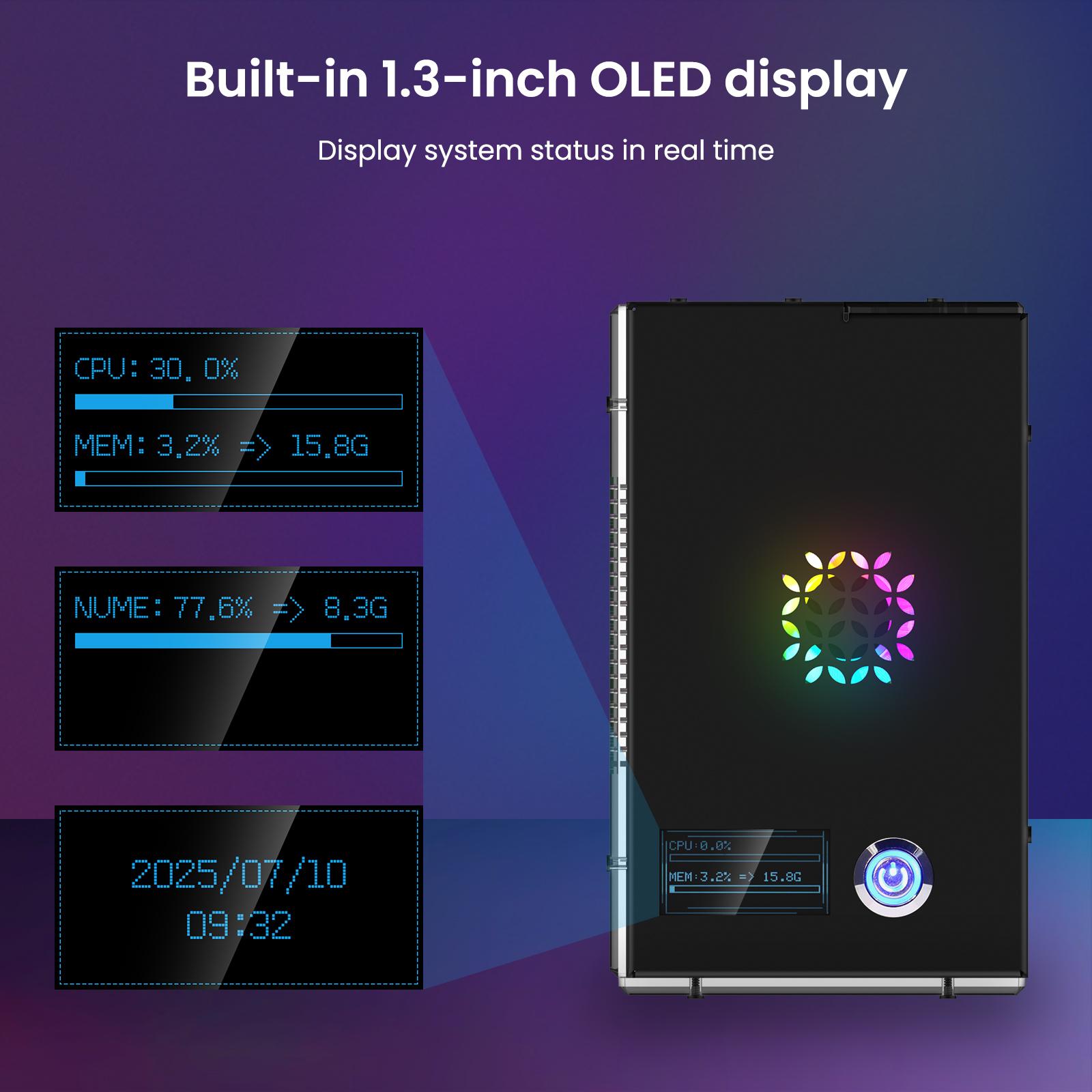 Elecrow Pitower Gen 1 Mini PC Case for Raspberry Pi 5: Aluminum Case with 3 Cooling Fans, 1.3" OLED Display, PCIe M.2 NVMe SSD 2230/2242/2260/2280 Support, RTC, Full Port Access