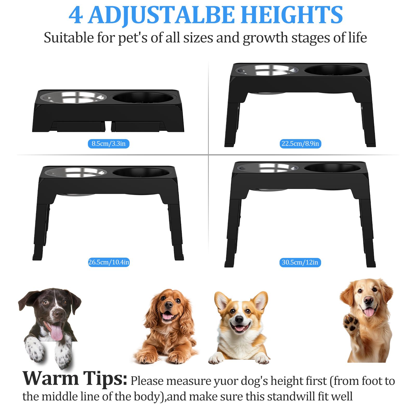 4 Height Adjustable Raised Dog Bowl Stand with Slow Feeder & Stainless Steel Bowls | No Tools Required | Anti-Slip & Spill-Proof Elevated Feeder for All Dog Sizes