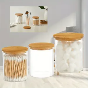 3 Pack Glass Qtip Holder Dispenser Set Apothecary Jars with Lids for Vanity Makeup Organizer Bathroom Canister Storage Organizer for Ball Swab Round Pads Floss
