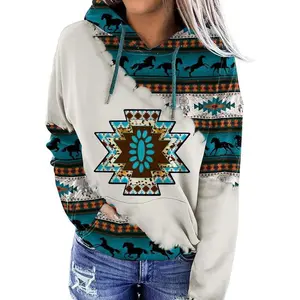 Women’s geometric horse print Aztec-style hooded pullover sweatshirt, cowgirl western ethnic rhombus print hoodie