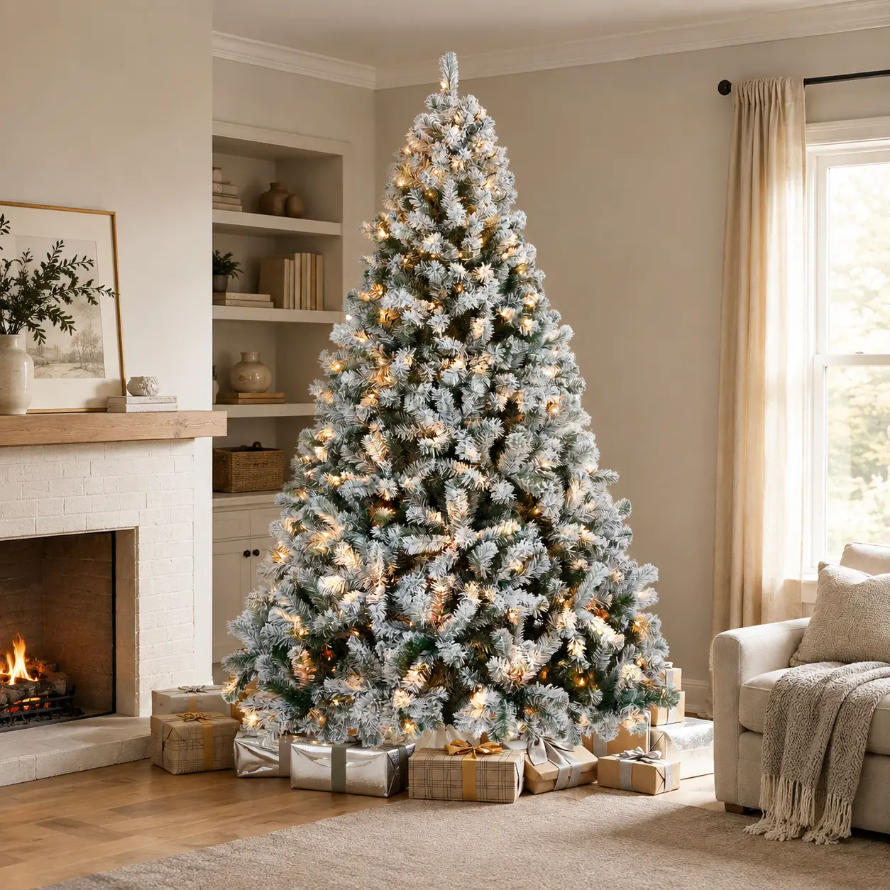 【Led Lights】Costoffs 4.5/6/7.5/9/12ft Flocked Artificial Christmas Tree with Warm White Lights, Hinged Metal-Steel Floor Mount Decor, 21.7 lb/35 lb Festive Home Decoration for Living Room, Apartment