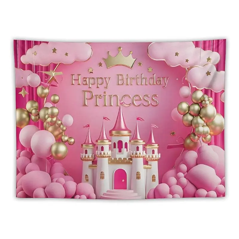 Fairy Tale Princess Wall Decor Tapestry - 3D Golden Happy Birthday Design, White Castle, Pink Balloons, Strong, 30x40 in/60x80 inch, Hand Wash for Royal Party Home Decor