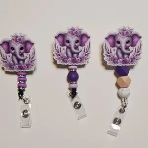 Handcrafted retractable beaded alligator clip badge reel - Purple Elephant