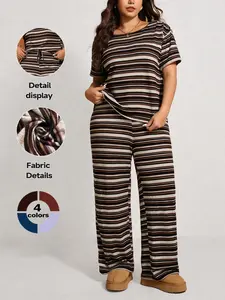 Women's Plus Size Retro Striped Drop Shoulder T-Shirt and Pants Set, Womenswear, Comfortable Home Wear, Casual Fashion for Night Out