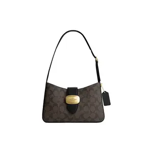 Coach Eliza Shoulder Bag 25 with Classic Monogram, Non-Detachable Strap, and Buckle Closure in Medium Size for Women, Brown and Black Synthetic Leather