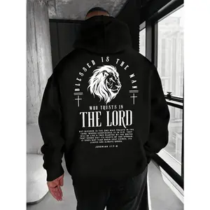 Men's Inspirational Lion Graphic Graphic Hoodie - Cotton Blend Black Long Sleeve Pullover Regular Fit | Soft & Breathable Fabric, Durable Print, Everyday Comfort, Machine Washable, minimalist urban indoor modern space