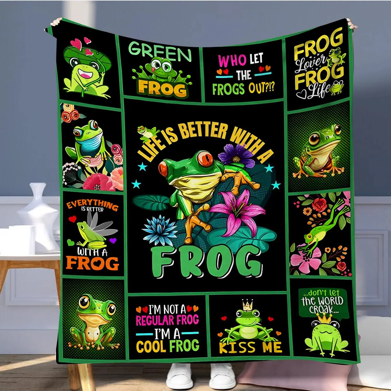 Cartoon Frog Pattern Slogan Print Blanket, Soft Comfortable Warm Throw, Cool Bedroom Bedding Blankets, Air-conditioned Room Blanket, Warm Nap Blanket for Home & Office, Cozy Warm Blanket