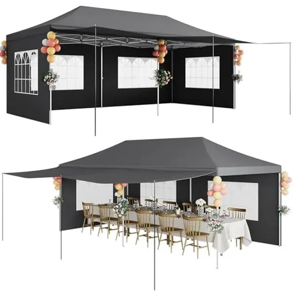 10x20 FT Commercial Grade Folding Canopy Tent – Heavy Duty 420D Oxford, 5 Removable Sidewalls, PE Windows, UV Protection, Upgraded Legs, Roller Bag & 6 Sand Bags – 3x6m Pointed Ceiling