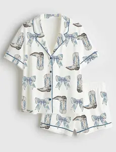 Women’s Coquette Blue Bow Cowgirl Short Sleeve Satin Pajama Set Soft Sleepwear