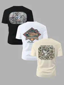 Trendy Round Neck Short Sleeve Fitted Three-Pack, Comfortable Breathable Design, Perfect for Summer Daily Wear, Sportswear Casual Fashion Essential