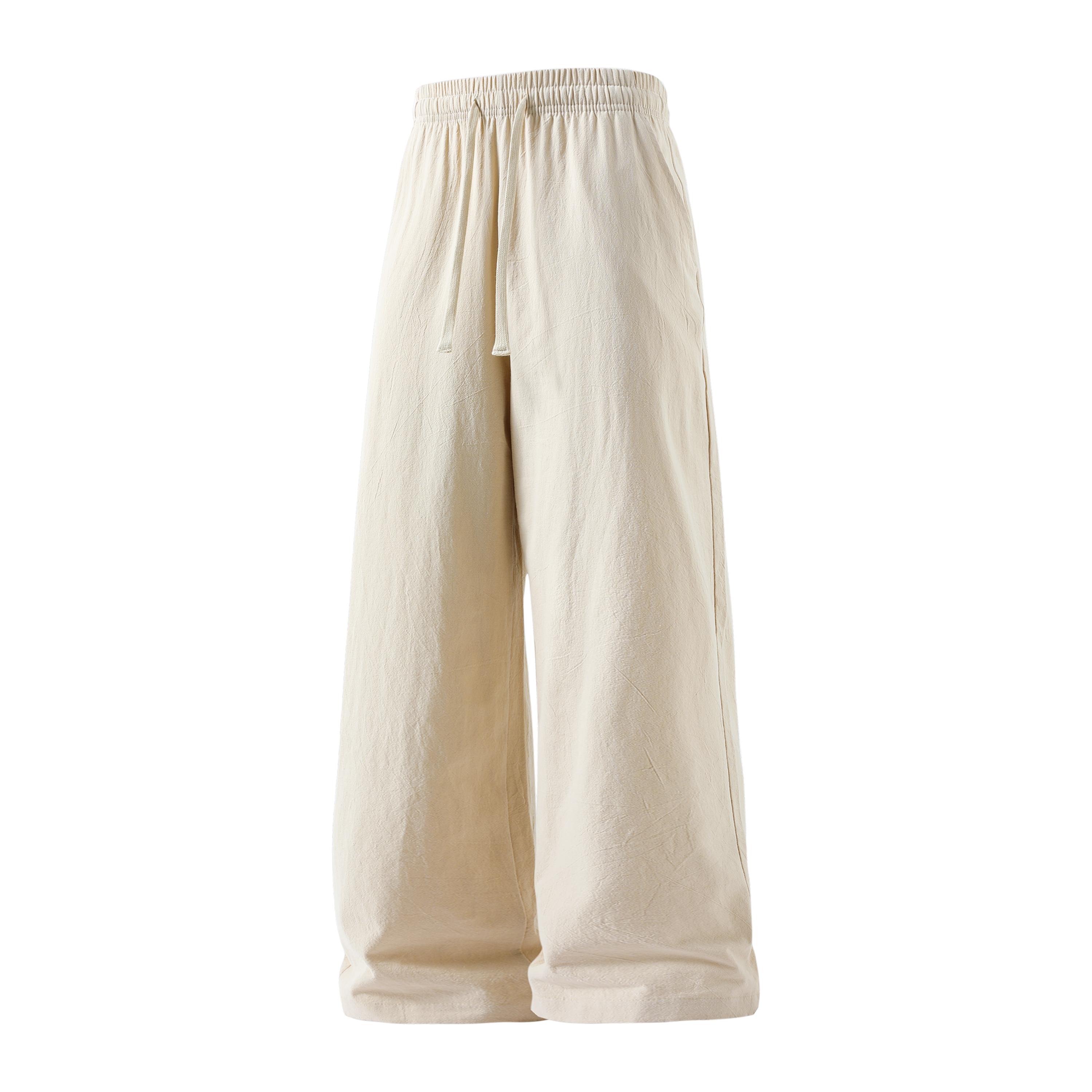 3pcs men’s wide-leg linen cotton pants, 100% cotton, elastic waist with drawstring, loose casual trousers