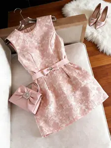 Elegant Sleeveless Midi Print Womenswear Dress with Crystal Bow Belt, Perfect for Wedding Guests & Parties, Versatile Chic Fashionable