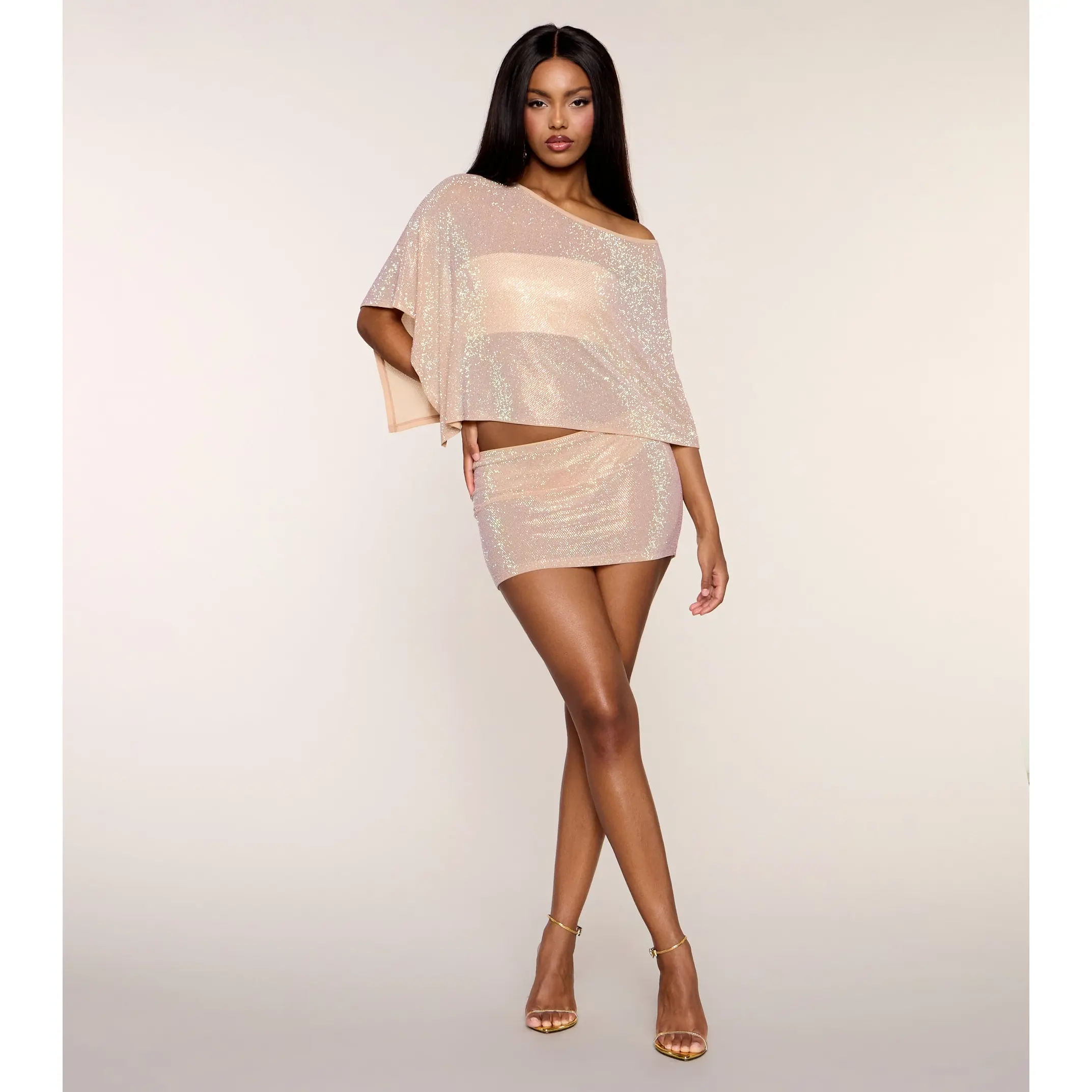 Glimmer Move Rhinestone Sheer Knit Mini Skirt