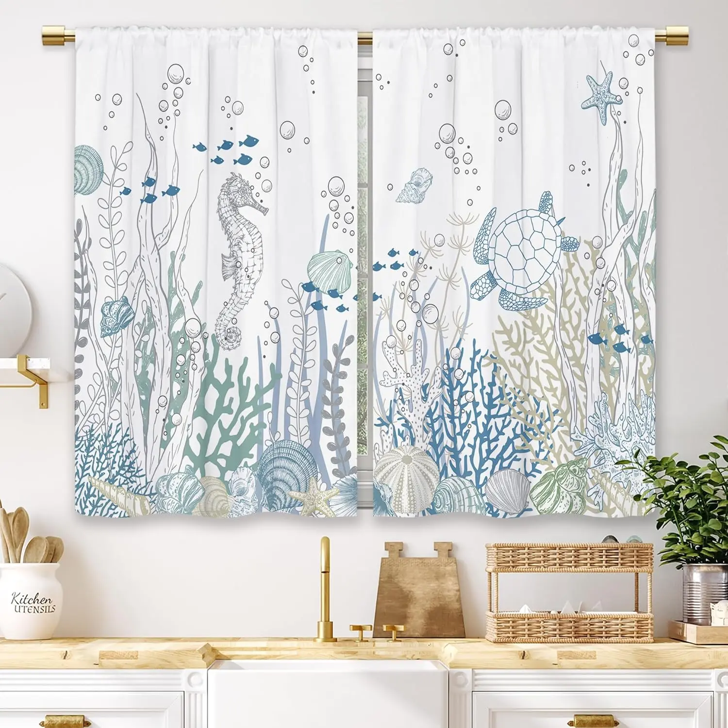Blue and White Contemporary Nautical Coastal Light Filtering Cafe Curtains, 2 Rod Pocket Panels, Ocean Starfish-Seashells All-Over Print, Wrinkle Resistant 27.5x39 in Small Short Drapes for Kitchen Windows