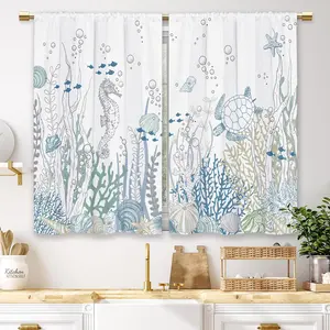 Nautical Coastal Kitchen Curtains Ocean Starfish Seashell Small Short Cafe Window Curtains Beach Sea Seashell Rod Pocket Bathroom Window Drapes Treatment Tier Curtains 2 Panels (27.5x39 Inch)