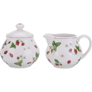 Vintage Floral Beige Ceramic Creamer and Sugar Sets with Lids Porcelain Milk Pitcher Sugar Bowl for Coffee Tea Kitchen Dining Beverage Serveware Strawberry