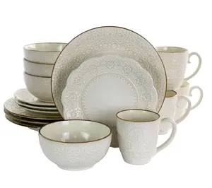 16 Piece Embossed Scalloped Stoneware Dinnerware Set in Ivory