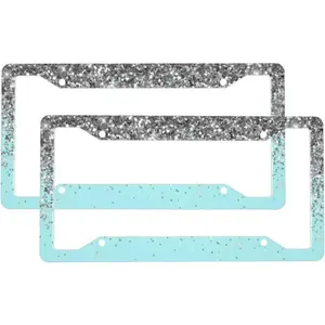 2 Sets Aqua Blue Teal Silver Glitter Premium License Plate Holder - Car Truck SUV Front and Rear Bracket for Enhanced Night Vision 4 Holes ﻿