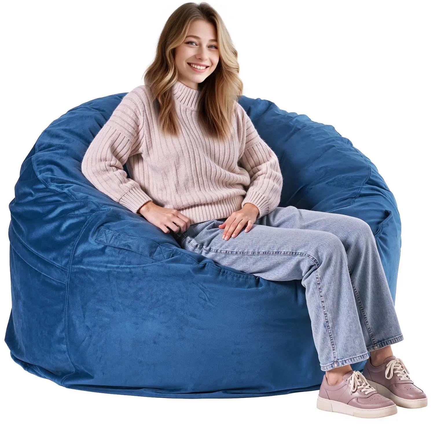 【Summerfinds】VEVOR Bean Bag Chair, Round BeanBag Chair with Removable & Washable Cover for Adult, Dutch Velvet & High-Density Foam Filling Adult Bean Bag with Handle and Side Pocket for Living Room, Bedroom, Blue
