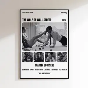 The Wolf of Wall Street Movie Poster, Black and White Aesthetic Wall Art Poster