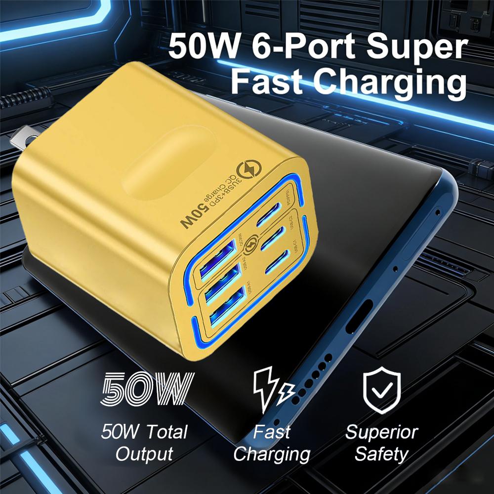KAXOE 2pcs 50W 3 Type-C + 3 USB 6 Ports Mobile Phone Fast Charging Adapter USB Type C QC 3.0 Qiuck Charge Adapter Travel Charger Wall Charger for iPhone 17 Pro Max 16 15 14 13 12 for Samsung KAXOE 2pcs 50W 3 Type-C + 3 USB 6 Ports Mobile Phone Fast Charging Adapter USB Type C QC 3.0 Qiuck Charge Adapter Travel Charger Wall Charger for iPhone 17 Pro Max 16 15 14 13 12 for Samsung