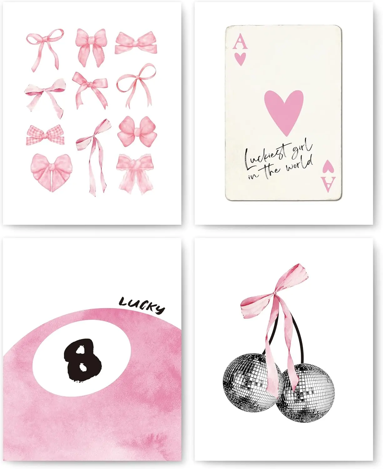 Pink Coquette Trendy Preppy Wall Art Prints Set of 4, Coquette Room Decor, Preppy Room Decor Aesthetic, Pink Bow Disco 8 Ball Cherry Wall Decor Posters for Girls Bedroom Dorm, 8x10 Unframed