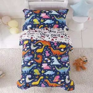 4 Piece Toddler Bedding Set, Standard Size Colorful Dinosaur Printed on Navy, Includes Quilted Comforter, Fitted Sheet, Top Sheet, and Pillow Case for Boys n Girls