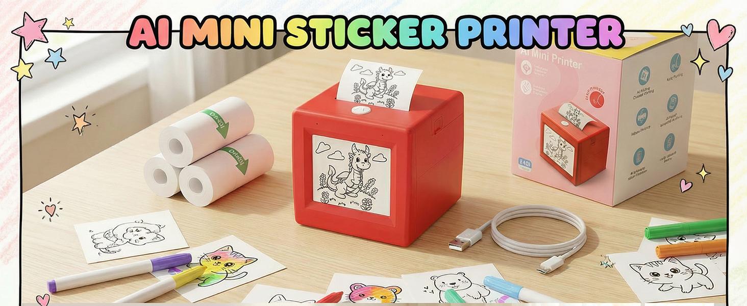 Children's AI Sticker Drawing Machine, featuring voice-to-image conversion, portable cartoon drawing maker, instant thermal paper output, creative toy set, includes 3 rolls of thermal paper and 2 rolls of stickers.