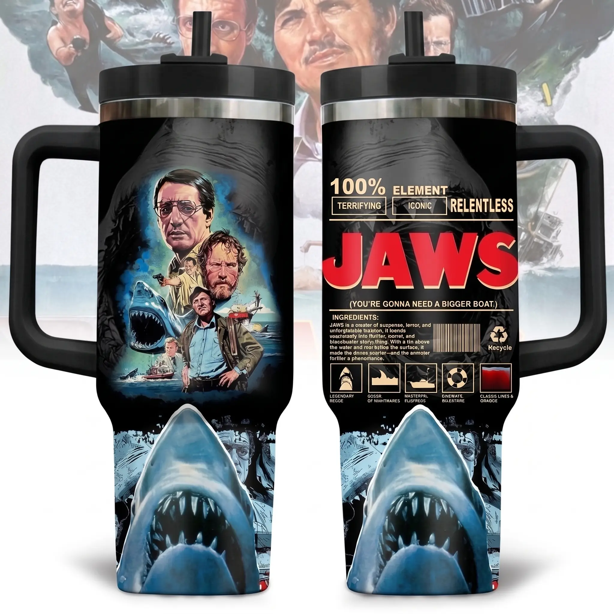Jaws Movie Inspired Tumbler, 20oz 30oz 40oz Insulated Travel Cup with Handle, Lid and Straw, Shark Ocean Thriller Drinkware, Gift for Classic Film Fans