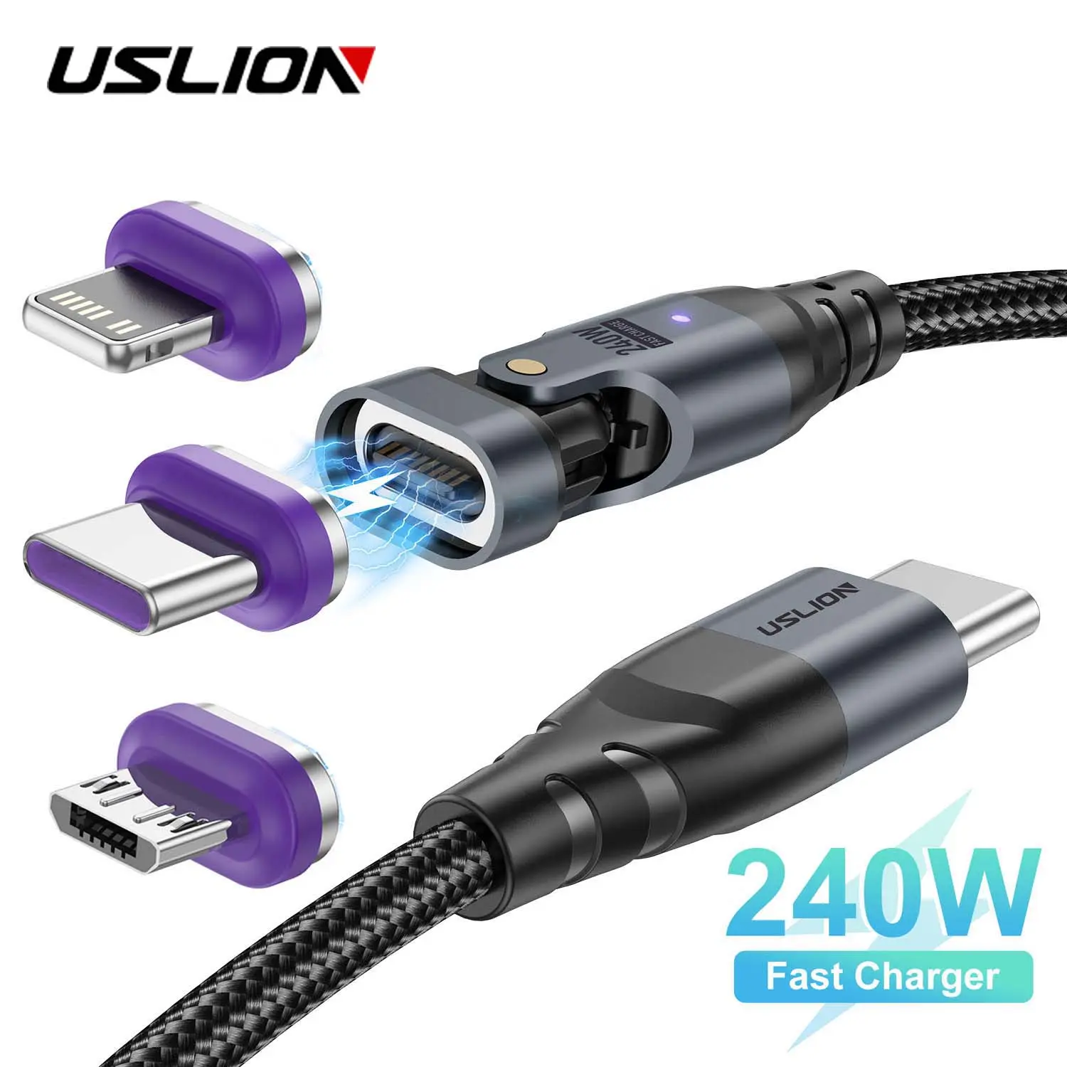 USLION 3 in 1 PD 240W Magnetic USB C Cable Micro Type C Fast Charging Data Cord for Macbook iPad iPhone 16 15 Xiaomi 14 Realme