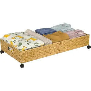 Under Bed Storage with Wheels, 31.5In/40L Large Rolling Underbed Storage Organizer Drawers Bins, Rattan Under the Bed Storage Containers with Handles, Space Saving Design for Clothes,Shoes,Books