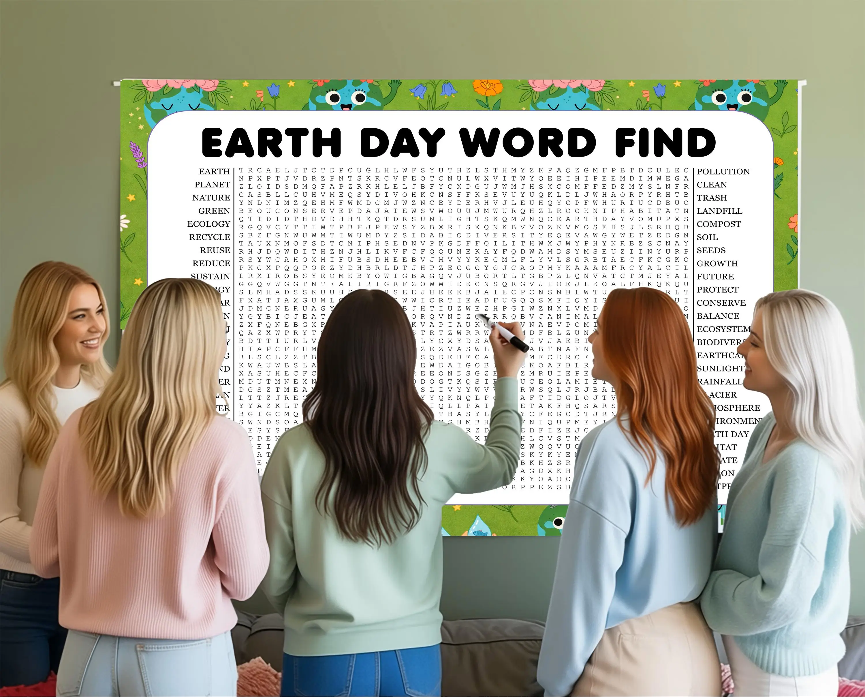 Earth Day Large-Format Print Poster - Crossword-Style Word Search Game, Easy-To-Read Layout, Classroom Office Environmental Awareness Events Gathering Activity Item, Classroom Activities, Multi-Size