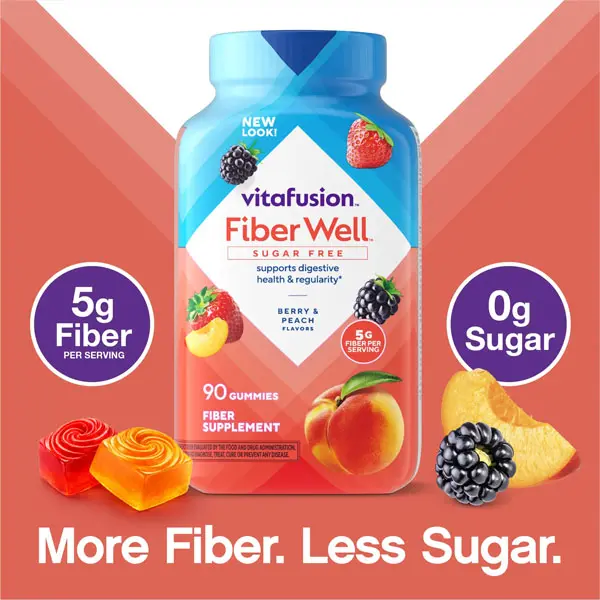 HOT NEW 2026 ! Vitafusion Fiber Well Sugar Free Gummies - 5g - Berry & Peach Flavor Fiber Gummies - Supports Digestive Health & Regularity - 90 Gummies