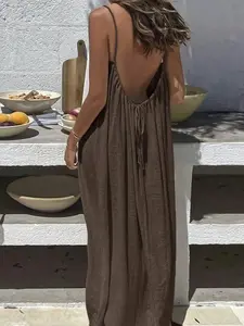 2026 Silk Wrinkled Solid Smocked Backless Spaghetti Strap Maxi Dress Loose Beach Vacation Casual Homewear Sundress Summer Women ZKHN