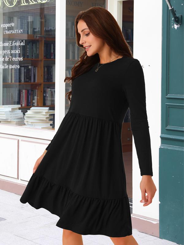 INSPIRE CHIC Women's Casual Long Sleeve Tiered Round Neck Loose A-Line Swing Dress with Pockets Black