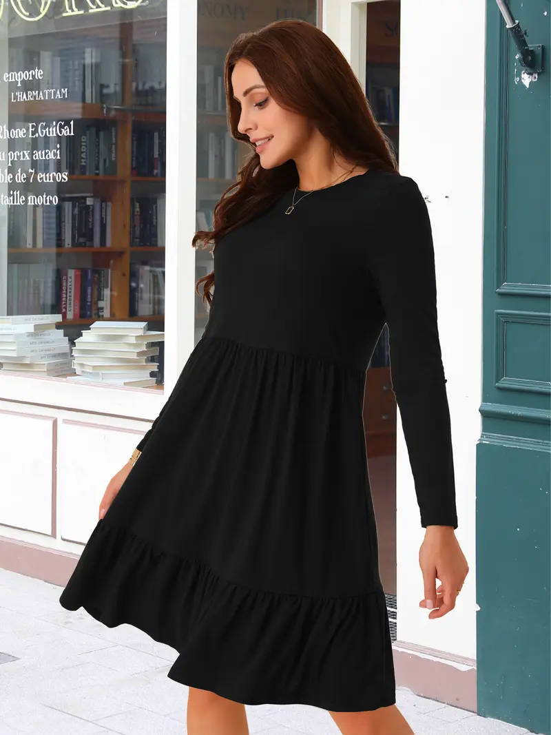 INSPIRE CHIC Women's Casual Long Sleeve Tiered Round Neck Loose A-Line Swing Dress with Pockets Black