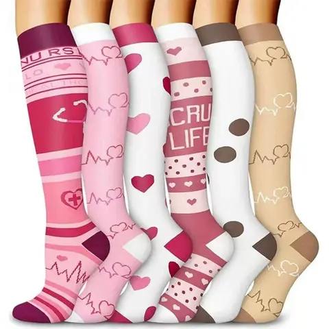 MhzyCaus 6-Pack Athletic Compression Socks Calf Support Boost Energy for Running Cycling Yoga Gym Workouts Floral Pattern Knee-High Socks Single Needle Cotton Blend Moisture-Wicking