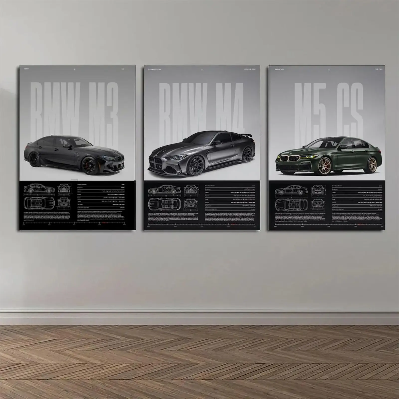 3-Piece Solid Wood BMW M3/M4/M5 Performance Car Assorted Art Prints Set, Modern Waterproof Home Wall Decor, Kitchen Decoration, Man Cave Accent, Funny Piece, Home Inspo Ideal Gift