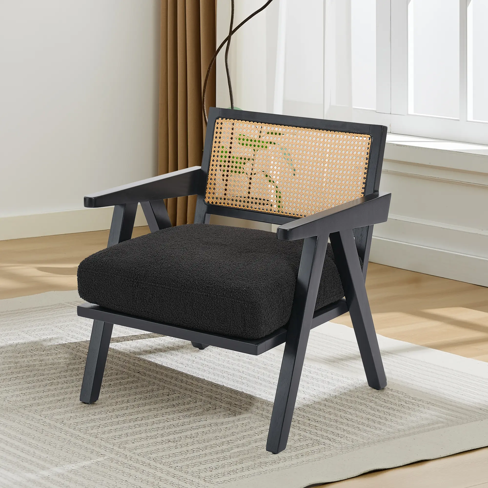 Classic Mid-Century Modern Compact Accent Chair - Sturdy Wood Frame, Rattan Back & Arms, Thick Suede Thick Cushion, Comfortable Living Room Armchair for Bedroom & Nursery, Assembly Required, Black Suede with Black Frame, Quick Setup, Easy Assembly