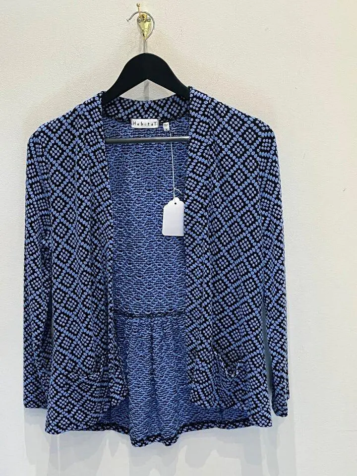 Textured Open Cardigan with Dot Pattern - Small Size, Blue Color, Featuring Dot Design