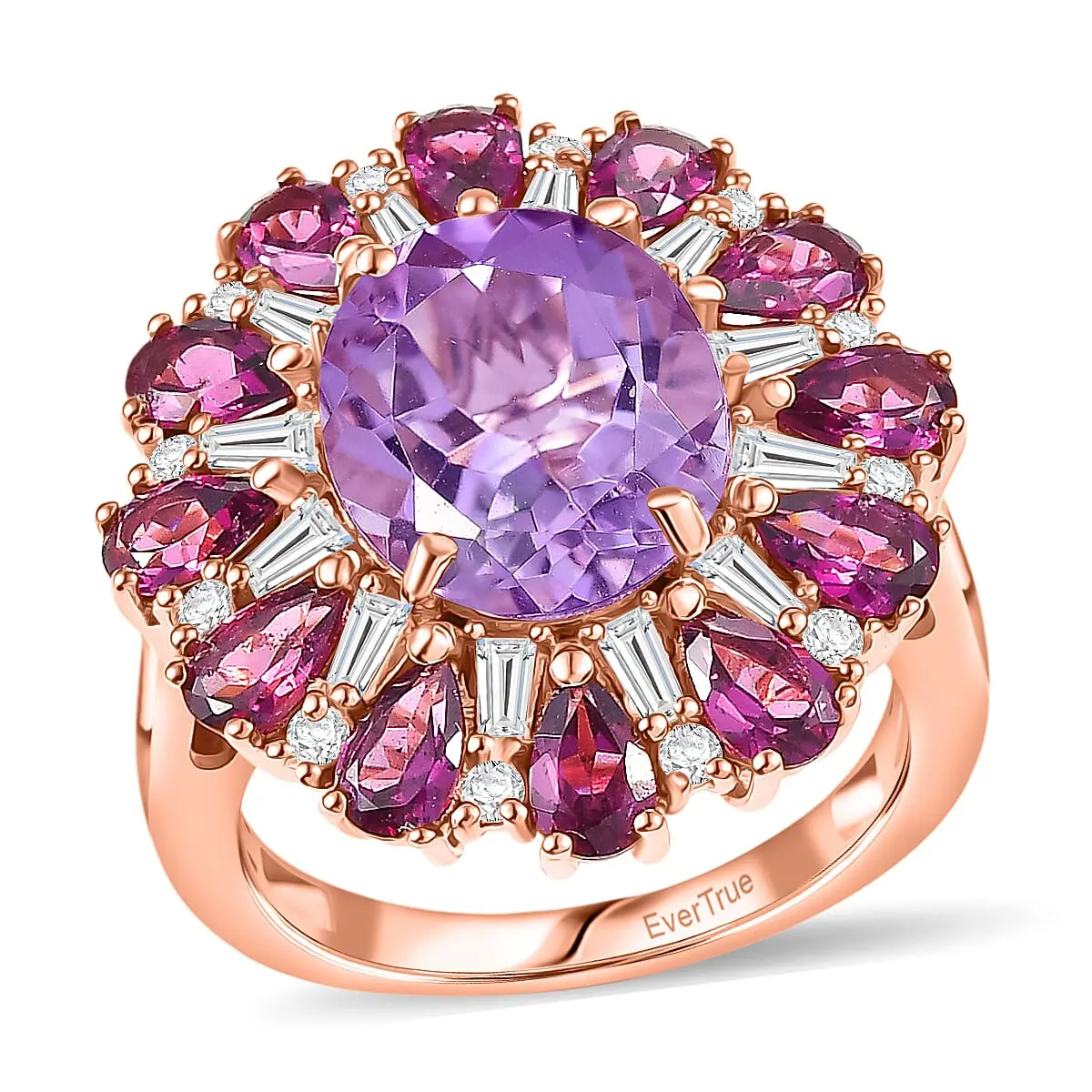 EverTrue Rose De France Amethyst, Multi Gemstone Ring in 18K RG Plated (Size 10.0) 8.45 ctw