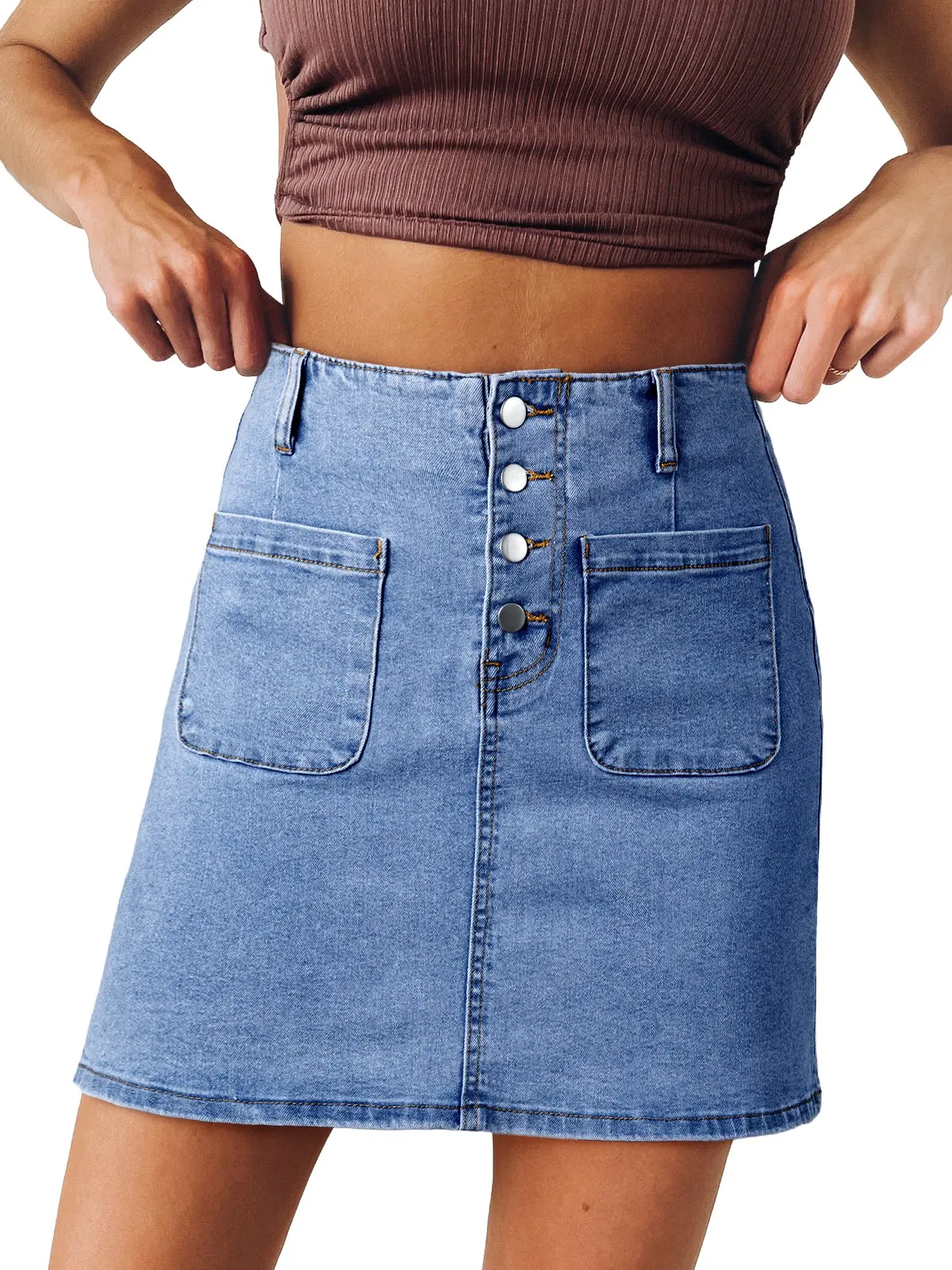 Sidefeel Women's Jean Skirt High Waist Summer Stretch Zimbaplatinum Denim Skirt Button Knee Length Skirt with Pockets DealsForYouDays summerwins WeeklyDeals Summer Outfit