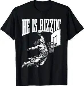 He Is Rizzin Funny Jesus Basketball Meme Easter Christian T-Shirt Pure Cotton Graphic Tees: Unisex Gifts for Men Menswear Soft