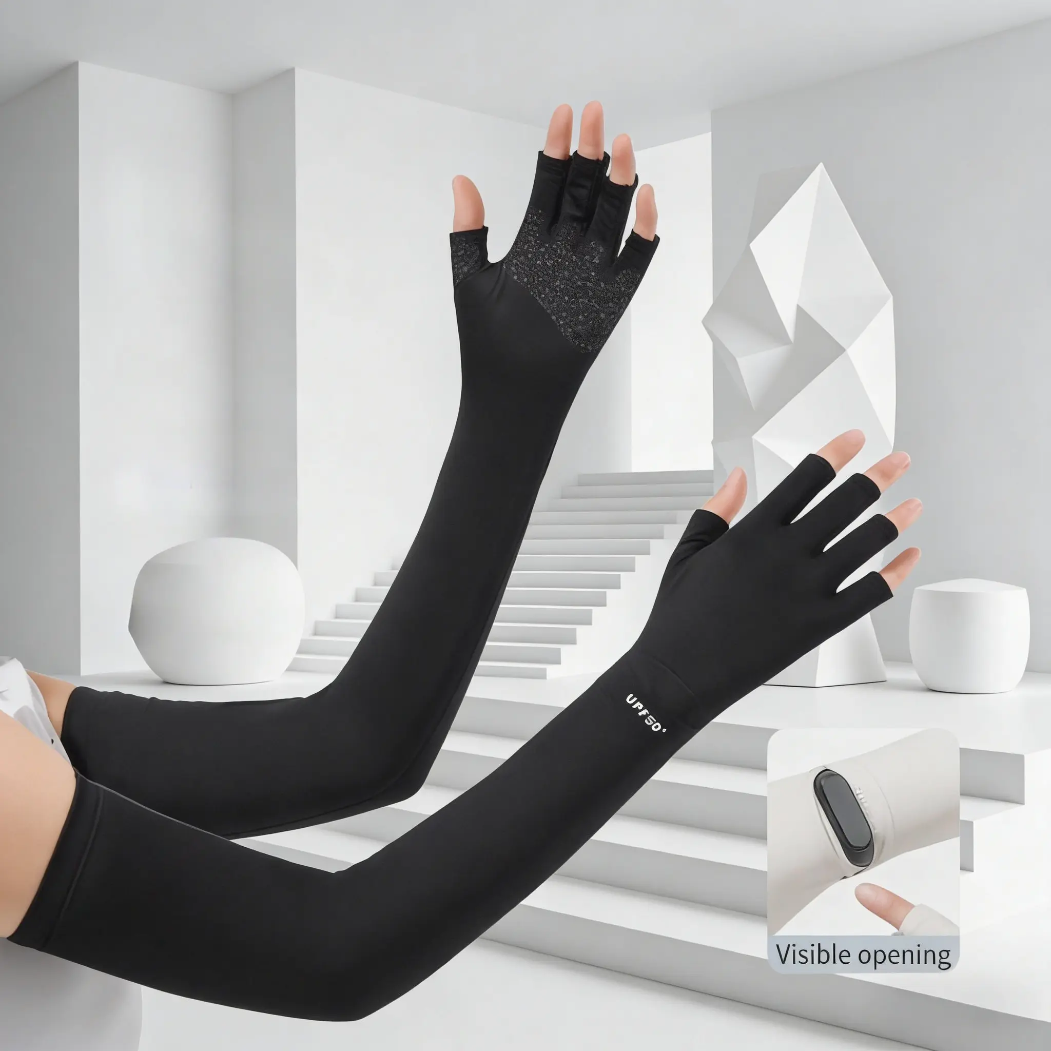 UPF50+ Ice Silk Cooling Fingerless Arm Sleeves for Men & Women – Non-Slip UV Protection Gloves with Visible Opening for Outdoor Sports